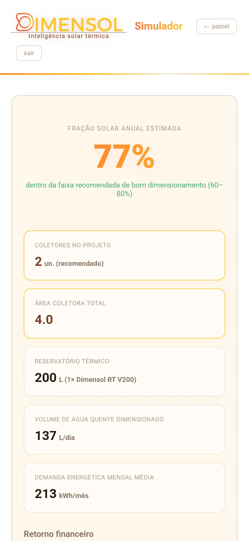Tela de resultado do SAS no celular: fração solar de 77%, coletores e reservatório recomendados