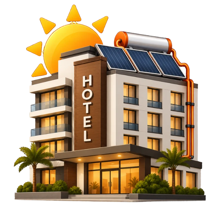 Ilustração do SAS Grandes Volumes: hotel com coletores solares e reservatório no telhado